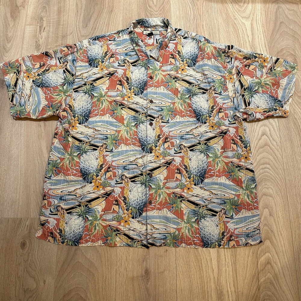 Tommy Bahama Silk Shirt Short Sleeve Button Up Mens XXL Red Hawaiian Girls Palms